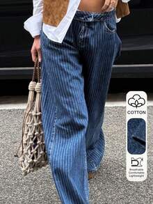 Livesso Women's Striped Jacquard Loose Casual Jeans With Street Style - Blue - View 4