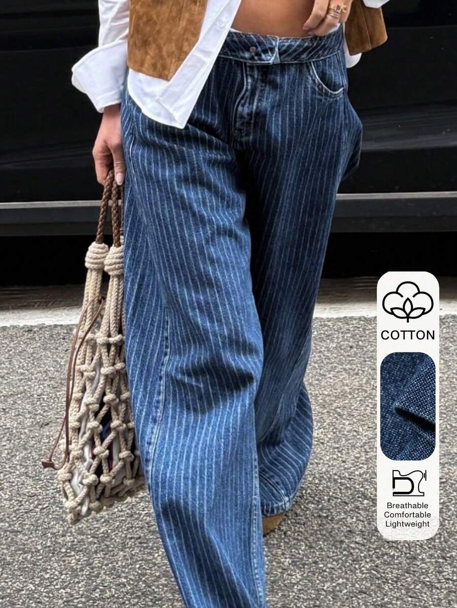 Livesso 女士条纹提花宽松休闲牛仔裤，街头风尚 - 藍色 - 查看 1
