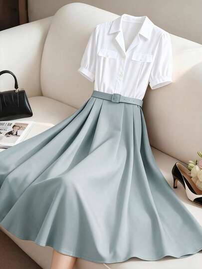 GlowEve Urban Chic Elegant New Arrival Women's Spring/Summer White Collar Short Sleeve Shirt Spliced With Light Blue-Green A-Line Long Dress, 2 In 1 With Belt, Suitable For Daily Wear, Wedding, Gala, Commute, Graduation Party, Holidays, Vacation, Date, Party, Halloween, Christmas, New Year, Thanksgiving, Wedding Guest Long Dress