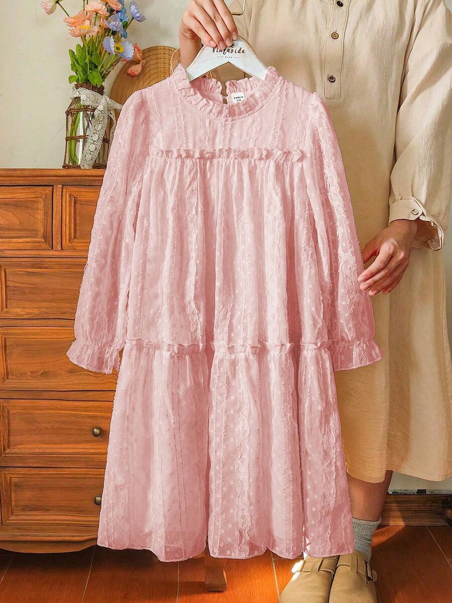 Vintaside Kids Vestido de manga larga con capas de tul para niñas, color albaricoque, silueta ajustada, adecuado para salidas, sesiones de fotos, actividades en el campus, reuniones en el hogar, apariencia elegante