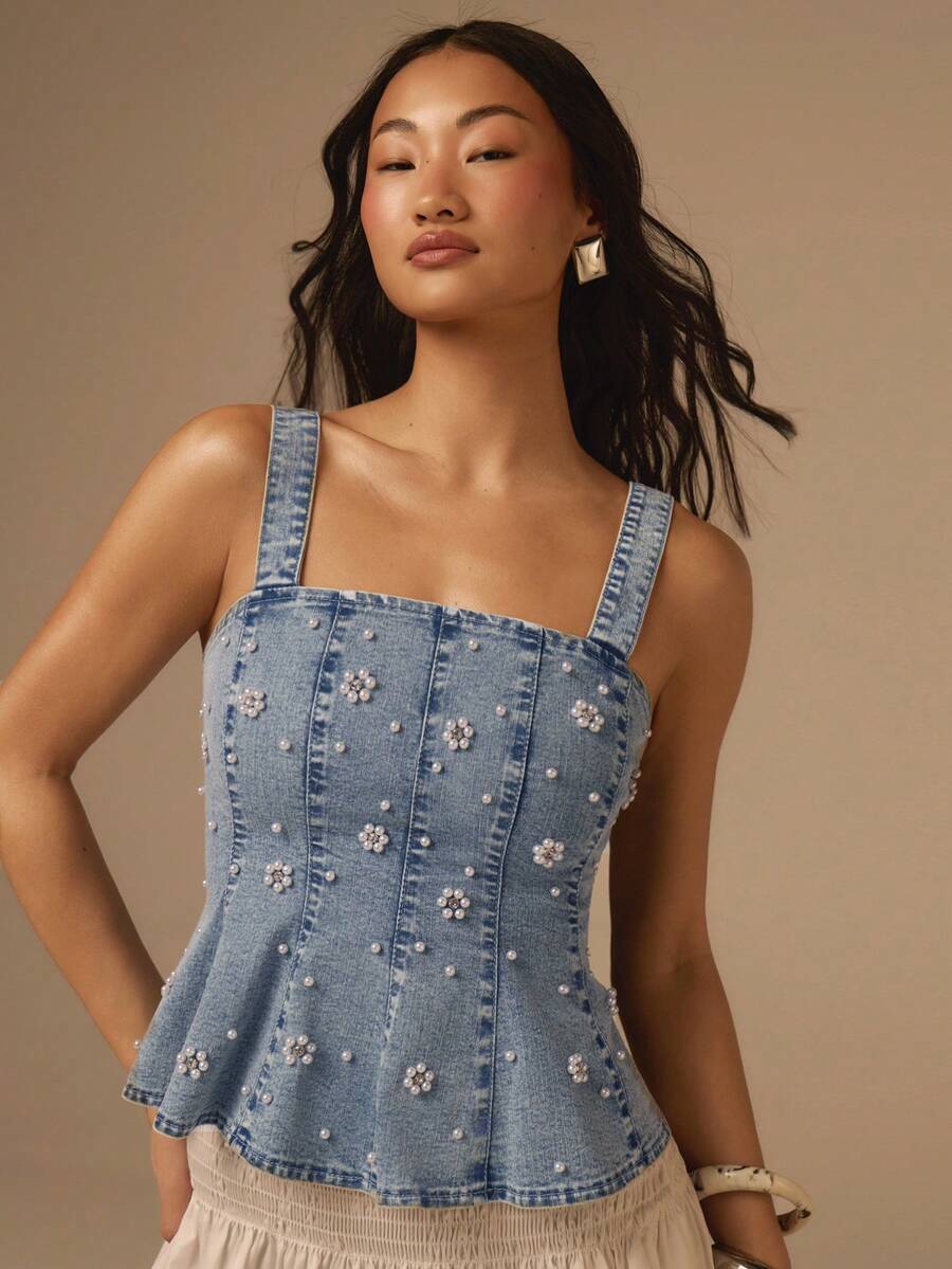 COSMINA Denim 女士优雅珍珠装饰无袖牛仔衬衫，夏季款，珍珠刺绣工艺，精致设计，女士夏季牛仔上衣，女士夏季搭配，街头风单品，蓝色牛仔女式上衣 - 藍色 - 查看 1