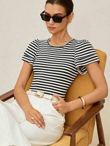 Lymera 女士圆领条纹休闲百搭日常短袖T恤 - 彩色 - 查看 5