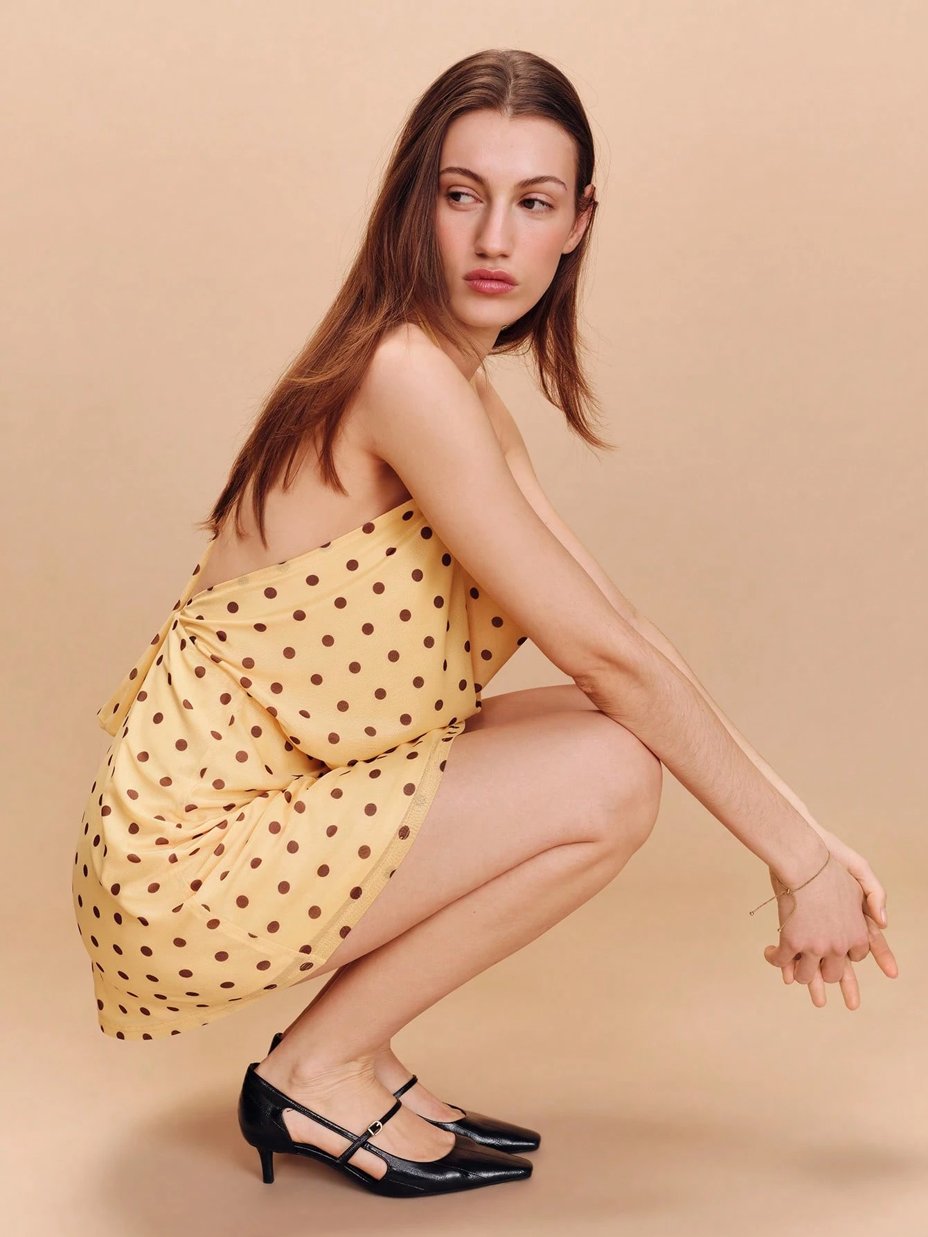 Butter Yellow And Brown Polka Dot Mesh Mini Dress With Cowl Neck Spring Summer Holiday Vintage Vacation Dress Polkatdot Dress Resort Dress Spring Summer French Style Parisian Style