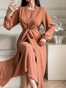 DAZY Damen eleganter einfarbiger ärmelloser Bademantel mit Gürtel, 2-teiliges Set, Frühlings-/Sommer-Loungewear für Frauen - Braun - Übersicht 5