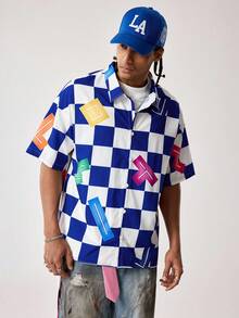 Tetris™ X SHEIN Men's Checkerboard Short Sleeve Single-Breasted Loose Shirt, - Blue and White - View 6