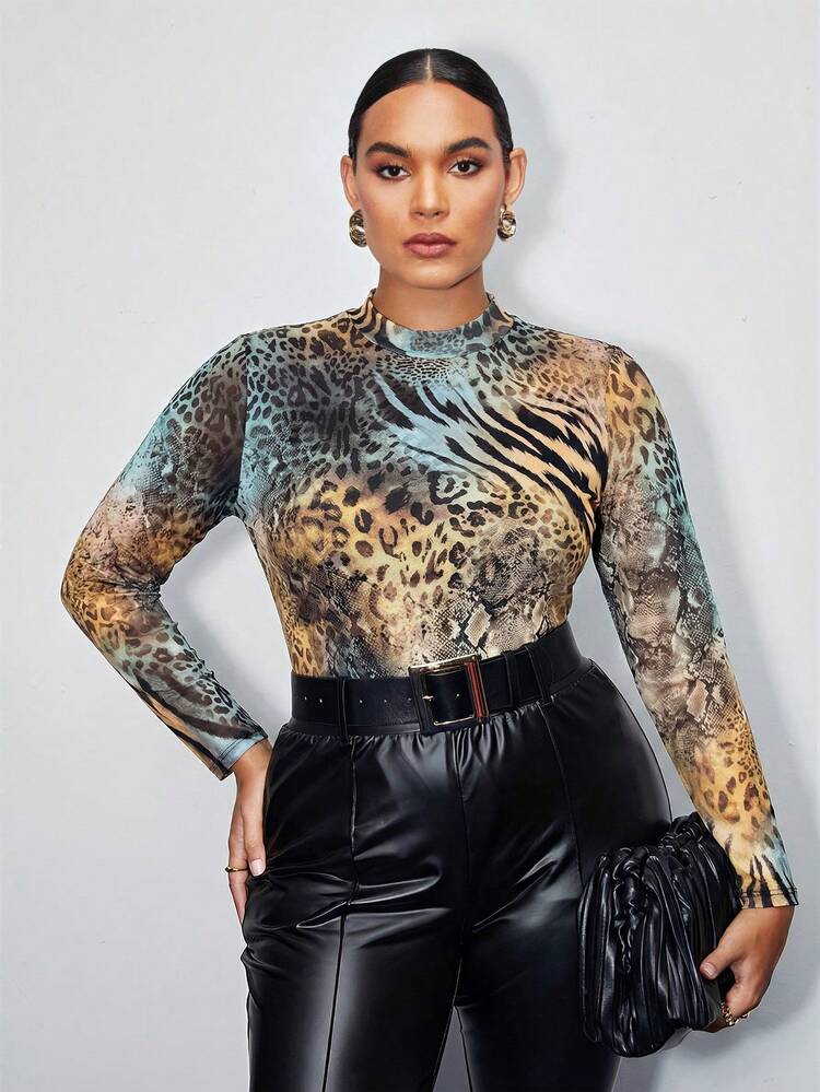 SHEIN Maija Plus Size Women's Black & White Zebra Print Turtleneck T-Shirt, Sheer Mesh Long Sleeve Top, Autumn Women's Long Sleeves Tops Women's Sheer Mesh Animal Print Top Latest Tops For Women New Arrivals Women's Long Sleeves Tops Animal Print Outfit Women Trending Outfit For 2025 Women
