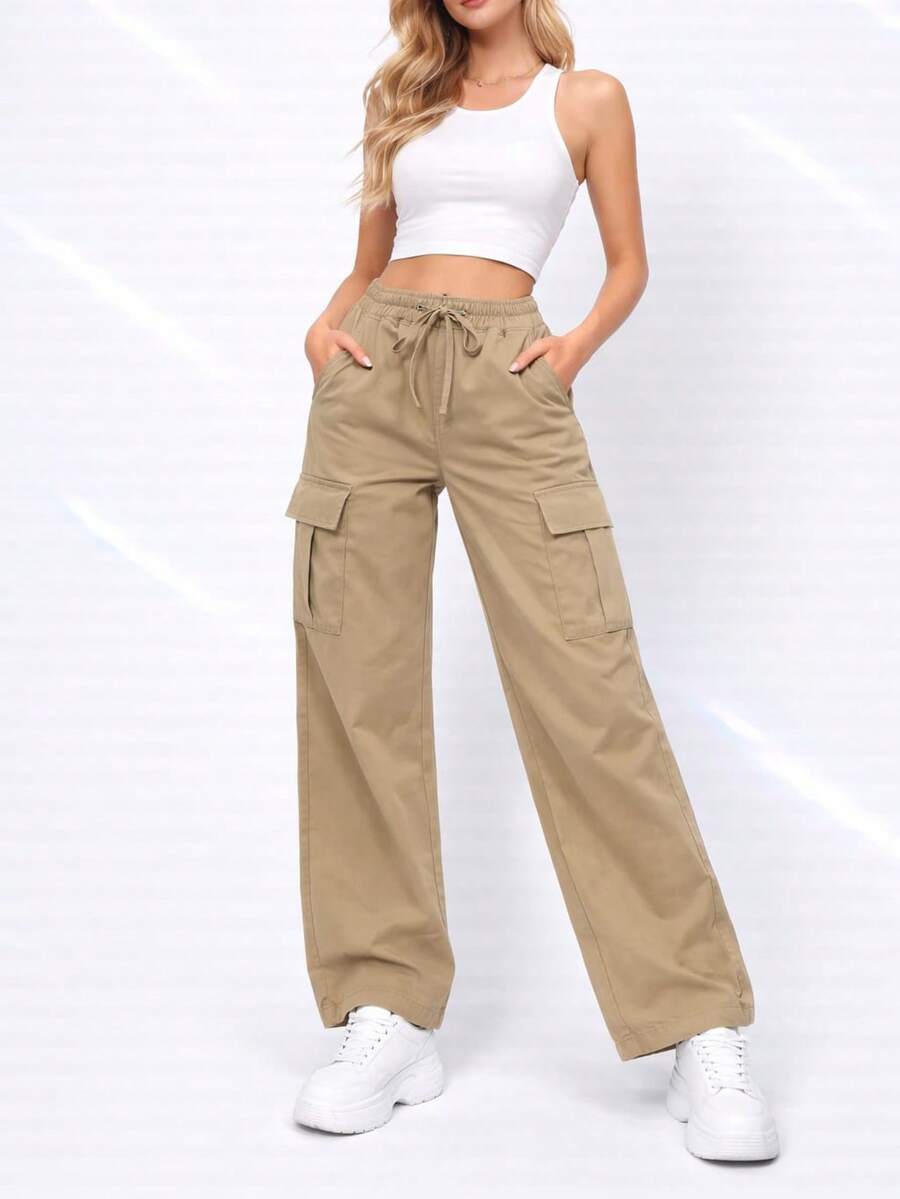 Pantalones cargo largos informales para mujer con detalle de lazo y tejido ligeramente elástico ma1121 - Camel - Ver 1