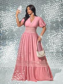Viva Relle Robe grande taille à encolure en V romantique avec taille cintrée, style français - Rose bonbon - Voir 2