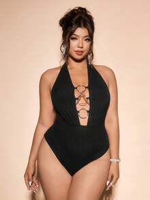 Cravure Plus Size 's Knitted Striped Metal Buckle Decor Bodysuit,70's Summer Night Out Club Party Style,Suitable For Vacation&Music Festivals - Black - View 4