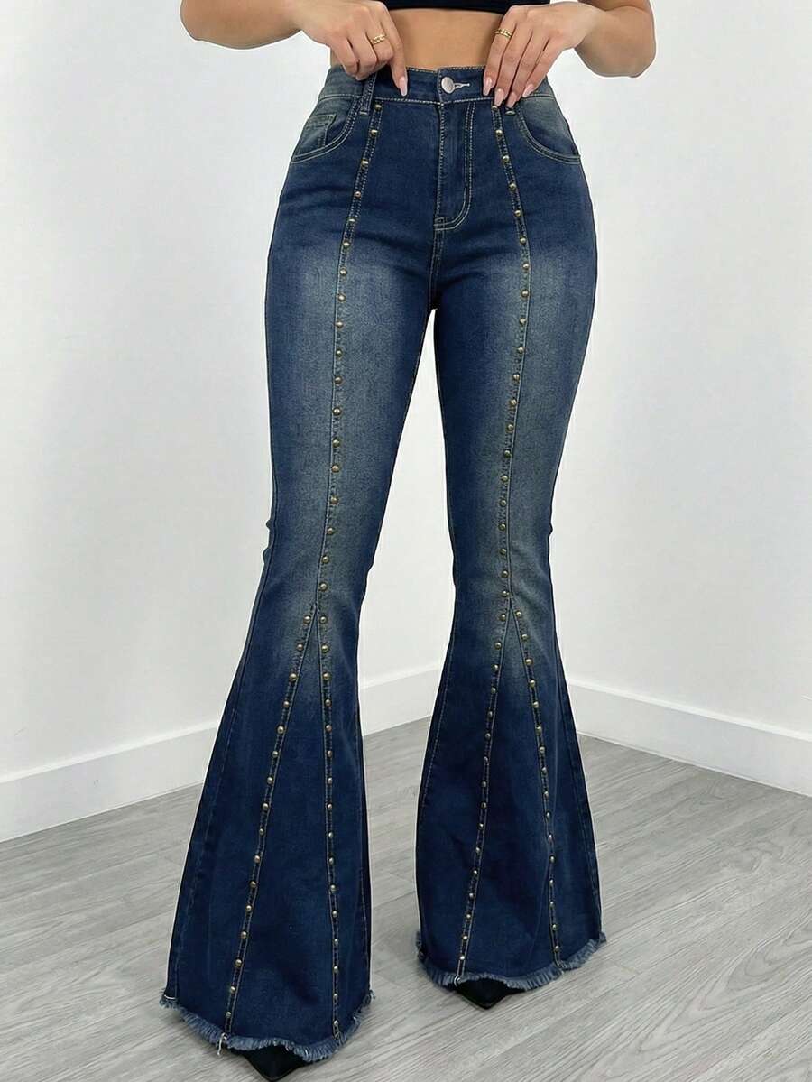 SHEIN Tall Women's High Waist Pocket Rivet Design Casual Flare Leg Jeans - Dark Wash - View 1