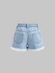 SHEIN Young Girl New Fashion Boho Casual Y2k White Faux Pearl Decor Ribbon Bowknot Light Blue Denim Loose Fit Ripped Jeans Shorts Spring Summer,For Kids Young Girl Spring/Summer Dailywears,Young Girl Streetwears,Young Girl Beach,Vacations For Young Girl,Casual For Young Girl,Toddler Shorts,4-Year-Old Young Girl Shorts ,Summer Shorts,Casual Shorts,Bowknot Shorts - Light Wash - View 2