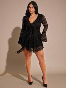 SHEIN BAE Plus-Size Black Autumn Elegant Formal Evening Night Out Club Lace-Trimmed Deep V-Neck Tie-Waist Long-Sleeved Mini Dress,Women's Cocktail Party Outfit - Black - View 4