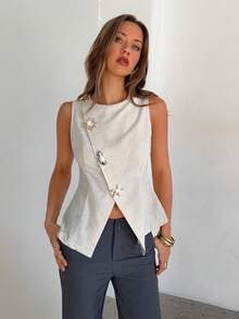 Aloruh 女士春夏新款杏色纯色亚麻西装背心外套，斜领设计，金属纽扣装饰，优雅休闲职业装 - 杏色 - 查看 8