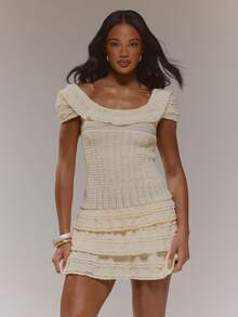 MUSERA Broderie Trim Off The Shoulder Shirred Fitted Tiered Ruffle Mini Dress Cute Spring Easter Occasion Girly Sexy Going Out Mothers Day Soft Bloom - Yellow - View 5