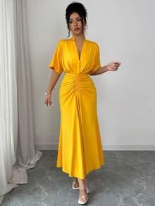 SHEIN Elenzya Elegant Romantic V-Neck Ruffle Sleeve Pleated Yellow Dress, Suitable For Vacation And Commute - Yellow - View 5
