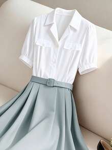 GlowEve 都市时尚优雅新款女士春夏白色短袖衬衫拼接浅蓝绿色A字长裙，两件套，配腰带，适合日常穿着、婚礼、晚宴、通勤、毕业派对、节日、假期、约会、聚会、万圣节、圣诞节、新年、感恩节、婚礼宾客等场合。 - 薄荷藍 - 查看 3