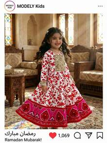Sparklyn Vêtement arabe traditionnel Jalabiya pour filles, printemps/été/automne, imprimé floral rouge/rose, manches longues, convient aux filles mignonnes et élégantes, de haute qualité, adapté pour le quotidien, l'école, les sorties, les fêtes, les vacances, le Nouvel An - Rose vif - Voir 10