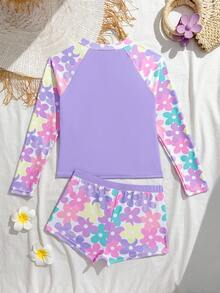 SHEIN Bộ đồ bơi Tankini 2 mảnh cho bé gái tuổi teen, áo crop top hai dây in hoa và quần short màu trơn, tay dài, có khóa kéo, thích hợp cho bơi lội, kỳ nghỉ, bãi biển, hồ bơi mùa hè. Đồ bơi tay dài cho bé gái, quần short chống nắng cho bé gái, bộ đồ bơi chống nắng cho tuổi teen, đồ bơi tay dài cho bé gái, áo tắm tay dài chống nắng cho bé gái, đồ bơi mùa xuân hè, lựa chọn đồ bơi, đồ bơi cho bé gái, áo chống nắng cho bé gái, đồ bơi tuổi teen, đồ bơi cho thiếu nữ. - Màu tím - Xem 2