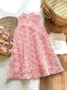 Vintaside Kids Girls Sleeveless Solid Color Elegant Ruffle Collar Summer Dress - Pink - View 4