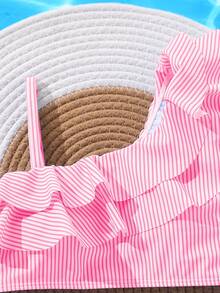 SHEIN Pink And White Striped,Summer,Cute,Beach,Holiday Tween Girl Tankini Swimwear Set,Spaghetti Strap Ruffle Swimtop,High Waist 2 Pieces Bathing Suit,Teen - Multicolor - View 3