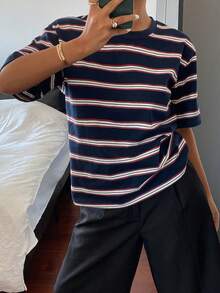 DAZY Women's Striped Crew Neck Casual Versatile Daily Wear Short Sleeve T-Shirt Summer - Navy Blue - View 4