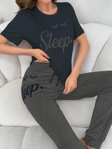 Women Short Sleeve T-Shirt And Long Pants Pajama Set With Eyelash Pattern - Dark Grey - View 5
