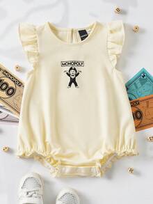 MONOPOLY X SHEIN Baby Girl Round Neck Cap Sleeve Cute Romper MONOPOLY - Apricot - View 1