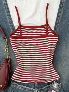 SHEIN Tween-Mädchen Sommer Lässig Strick Jacquard gestreiftes Kontrast Farbiges Trägerhemd - Bordeaux - Übersicht 3