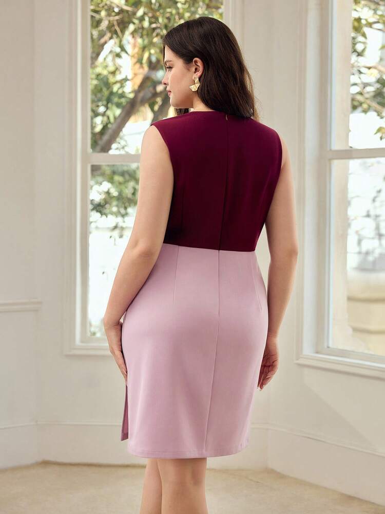 PLUS SIZE WOMEN'S ELEGANT SPLICE DRAPED NECK SHORT DRESS, SPRING/SUMMER