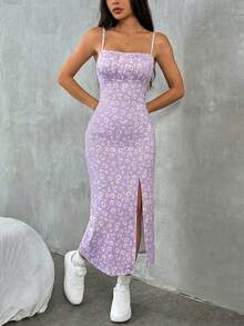SHEIN EZwear 新款春夏印花针织吊带开衩连衣裙，女士度假夏季性感连衣裙，薰衣草色连衣裙，薰衣草色套装，薰衣草色碎花连衣裙，紫色碎花连衣裙，紫色开衩连衣裙，薰衣草雏菊印花连衣裙，夏季中长连衣裙，性感开衩连衣裙，淡紫色连衣裙，紫色夏季连衣裙，薰衣草色两件套，性感春季连衣裙，女士夏季连衣裙，女士连衣裙，女士夏季套装，女士服装连衣裙，惊艳连衣裙 - 紫丁香色 - 查看 3