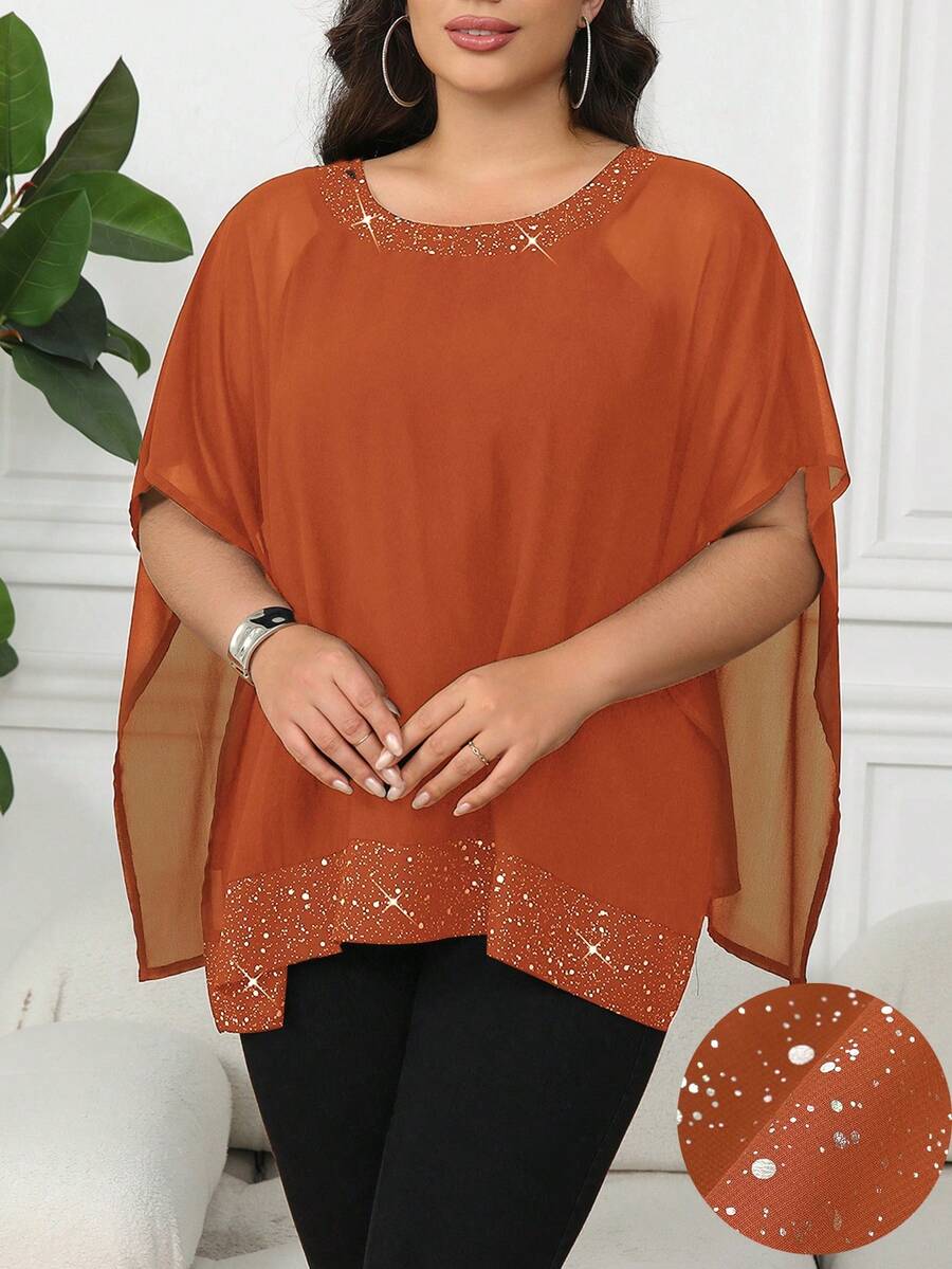 SHEIN Clasi 优雅雪纺衬衫，饰有箔片装饰，舒适时尚 - 橘色 - 查看 1