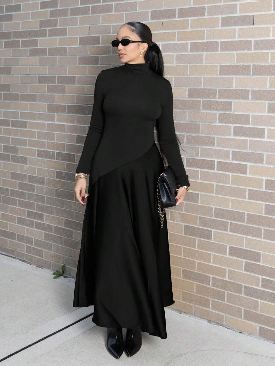 Melissa Matos City 优雅针织拼布高领长袖细肩带 A 字形连衣裙 - 黑色 - 查看 1