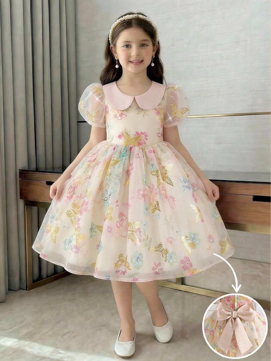 SHEIN Elladie kids 女童花卉蝴蝶金属印花腰部蓬蓬薄纱连衣裙,优雅派对礼服,泡泡袖设计,适合所有季节 - 杏色 - 查看 1