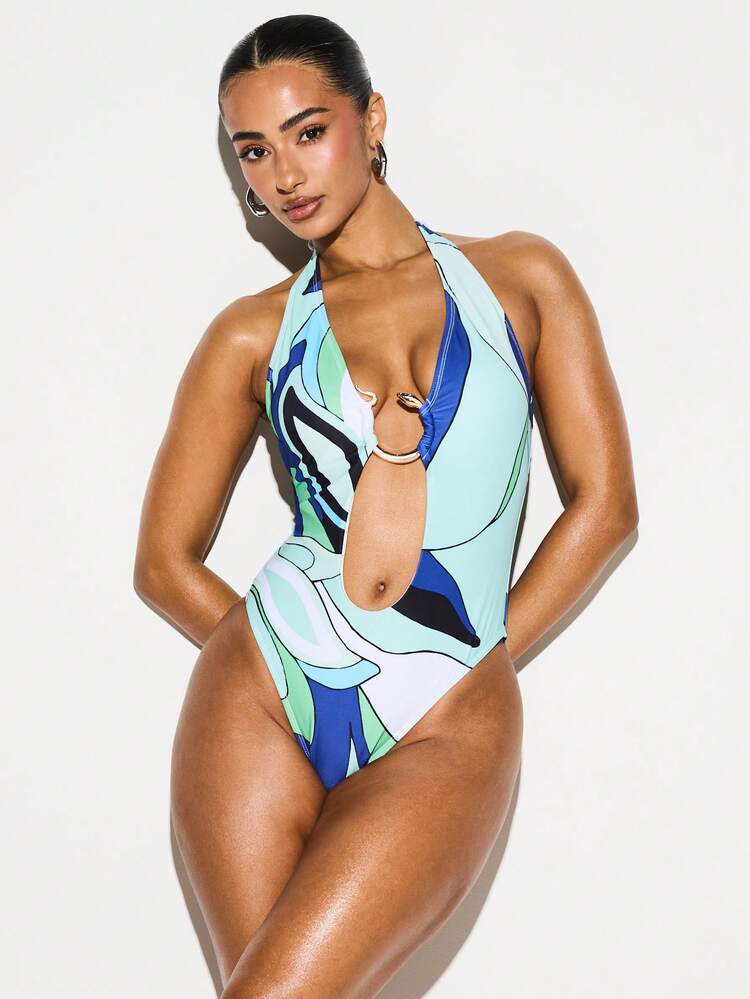 KIZN Women's Printed Halter Neck One Piece Swimsuit With Swirl Pattern And Cut Out Details For Beach Vacation