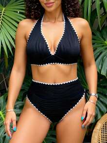 SHEIN Swim Curve 大码女士性感比基尼两件套泳衣，特殊面料花卉饰边，沙滩派对度假泳装 - 黑色 - 查看 3