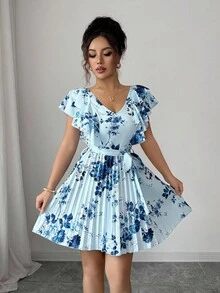 Elenzga Ruffle Sleeve V-Neck Cinched Waist A-Line Floral Print Vacation Elegant Romantic Dress For Women - Multicolor - View 6
