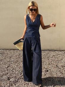 DAZY Women's Casual Washed Pleated Tie Strap Vest And Wide Leg Jeans Pants Suit, Spring/Summer - Blue - View 3