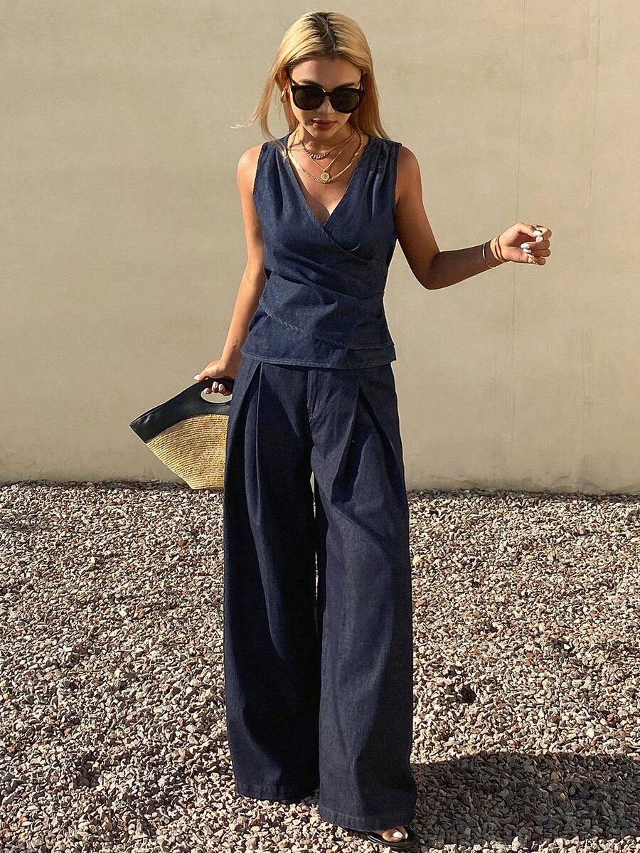 DAZY 女士休闲水洗褶裥系带背心和阔腿牛仔裤套装，春夏款 - 藍色 - 查看 1