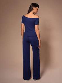 SHEIN Women's Minimalist Asymmetrical Shoulder Short Sleeve Pants Pajama Set - Navy Blue - View 2