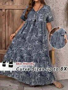 SHEIN CURVE+ Curve 尺码 US22 音乐节、海滨度假、波西米亚风女士度假宽松碎花 V 领短袖娃娃衫/教师连衣裙 - 彩色 - 查看 12