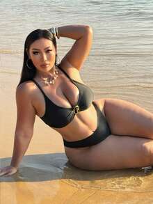 Swim SXY Plus Size Solid Color New Split Two Pieces Bikini Swimwear - Black - View 7