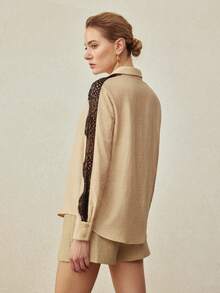 MOTF PREMIUM LACE PATCHWORK LINEN LONG SLEEVE SHIRT, VINTAGE STYLE - Khaki - View 4