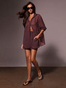 Athîral 女士休闲波点印花衬衫短裤两件套，夏季 - 棕色 - 查看 2