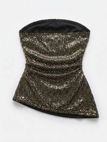 SHEIN EZwear 女士不对称下摆串珠抹胸上衣，黑色和银色闪亮上衣，女士抹胸上衣，女士无肩带衬衫，棕色抹胸上衣，金属色上衣 - 黑色 - 查看 6