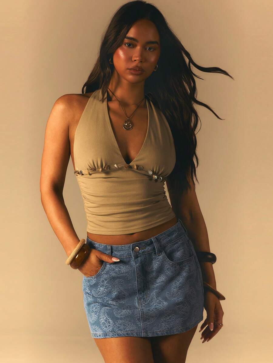 Athîral 女士休闲度假佩斯利提花牛仔蓝半身裙 - 中等水洗藍 - 查看 1