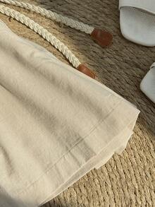 INAWLY 棉麻编织腰带高腰口袋短裤 - 杏色 - 查看 7