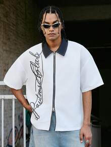 PAVTROS 男士年轻时尚街头风短袖衬衫，宽松版型，拉链前襟，撞色领，简约空白设计，街头标志性图案，简约，街头，艺术，利落合身，复古艺术，街头休闲，社交媒体达人，音乐人，艺术家服饰，日常通勤，校园，休闲聚会，节日礼物，男友礼物 - 白色 - 查看 4