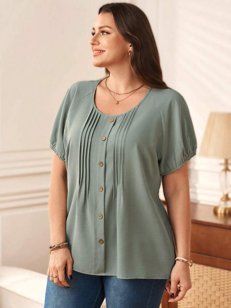 Plus Size Women's Summer Casual Vacation Country  Green Button Design  Round Neck Short Sleeve Blouse Top Shirt,Summer\Vacation,Summer Holiday,Spring Break Outfits ,Vacation Outfits Women ,Holiday Outfits For Women,Going Out Outfits,2026 New Clothes,Simple And Fashionable For Everyday Wear,Suitable For Summer, Vacation, Daily Wear, Blouses For Women Plus Size, Green Blouses, Short Sleeve Blouses