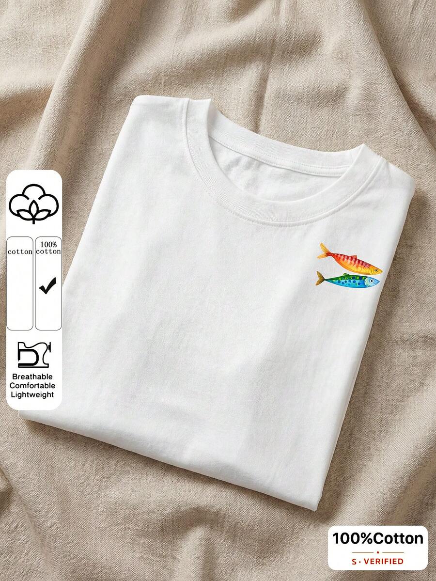 Elaire Anewsta White Round Neck Casual Short Sleeve T-Shirt, Suitable For Spring To Summer Holiday Everyday Travel - White - View 1