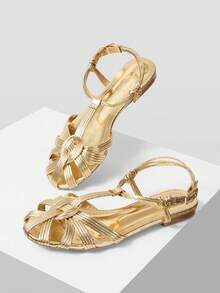 MOTF WOMEN'S GOLDEN SIMPLE FASHION CASUAL DAILY TRAVEL COMMUTER FLAT SANDALS - Gold - View 2